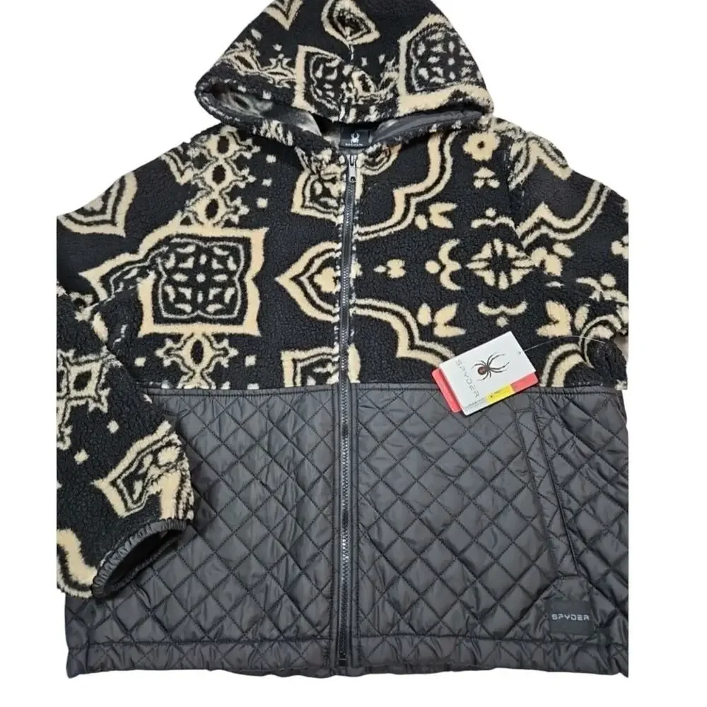 NWT! Spyder $169 Black Sherpa Fleece Quilted Full-Zip Hooded Jacket - Size Large - Picture 6 of 9
